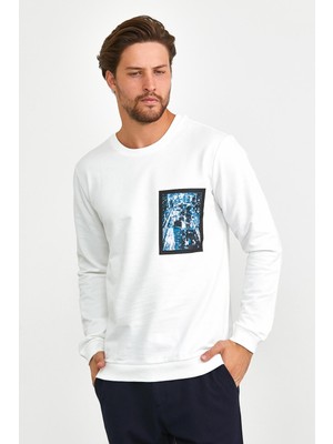 Odelon Erkek Önü Baskılı Bisiklet Yaka Spor Sweatshirt Beyaz