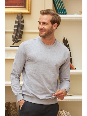 Odelon Erkek Basic Bisiklet Yaka Rahat Kalıp Düz Sweatshirt Gri Melanj
