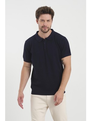 Odelon Erkek Polo Yaka Jakarlı Triko T-Shirt Lacivert