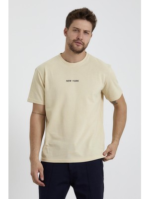 Odelon Erkek Bisiklet Yaka Rahat Kalıp New York Baskılı Tişört Krem