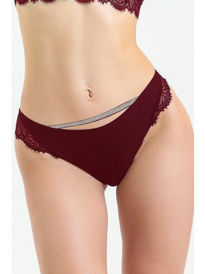 Magic Form 486 Kadın Beli Taşlı Arkası Dantelli Külot-Bordo