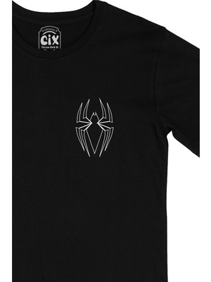 Cix Beyaz Renkli Örümcek Cep Logo Tasarımlı Siyah Tişört