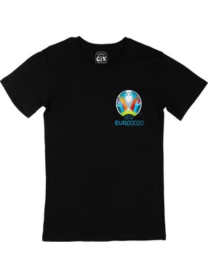 Cix Cix Euro 2020 Logolu Cep Logo Tasarımlı Siyah Tişört