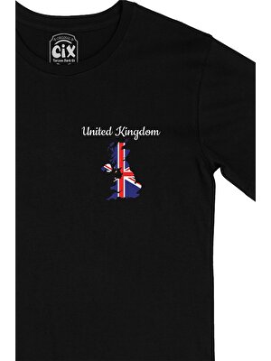 Cix Cix Ingiltere Haritalı ve Bayraklı Cep Logo Tasarımlı Siyah Tişört