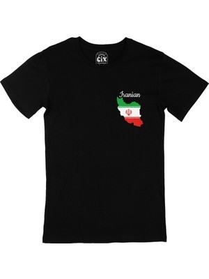 Cix Cix Iran Haritalı ve Bayraklı Cep Logo Tasarımlı Siyah Tişört