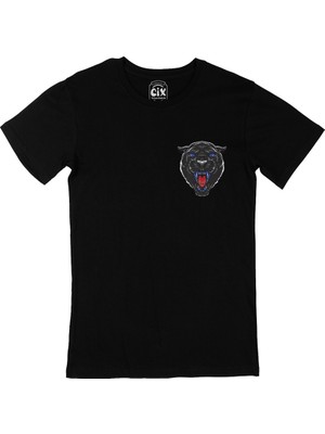 Cix Mavi Gözlü Panter Cep Logo Tasarımlı Siyah Tişört