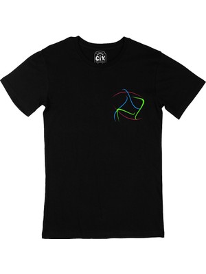 Cix Cix Renkli Çizgili Cep Logo Tasarımlı Siyah Tişört