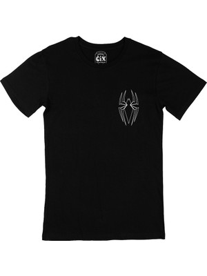 Cix Cix Beyaz Renkli Örümcek Cep Logo Tasarımlı Siyah Tişört