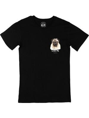Cix Cix Love Me Pug Dog Cep Logo Tasarımlı Siyah Tişört