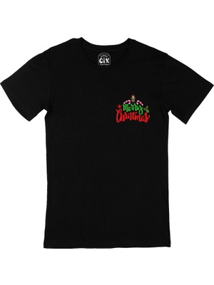 Cix Cix Merry Christmas Cep Logo Tasarımlı Siyah Tişört