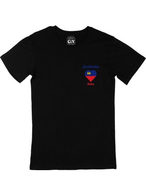 Cix Cix Vaduz Lihteştayn Bayraklı Kalpli Cep Logo Tasarımlı Siyah Tişört