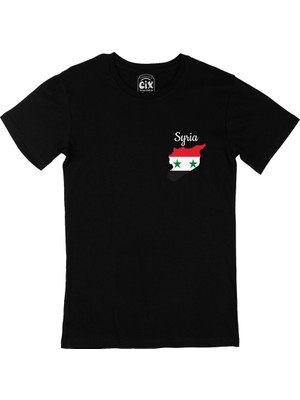 Cix Suriye Haritalı ve Bayraklı Cep Logo Tasarımlı Siyah Tişört