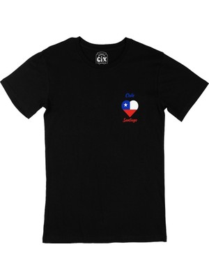 Cix Cix Şili Santiago Bayraklı Kalpli Cep Logo Tasarımlı Siyah Tişört
