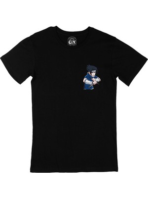 Cix Naruto Sasuke Uchiha Cep Logo Tasarımlı Siyah Tişört