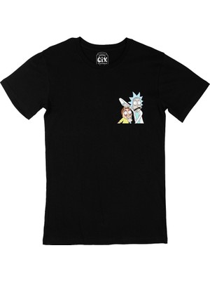 Cix Cix Rick And Morty Görselli Cep Logo Tasarımlı Siyah Tişört