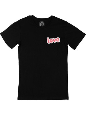 Cix Cix Pembe Love Yazılı Cep Logo Tasarımlı Siyah Tişört