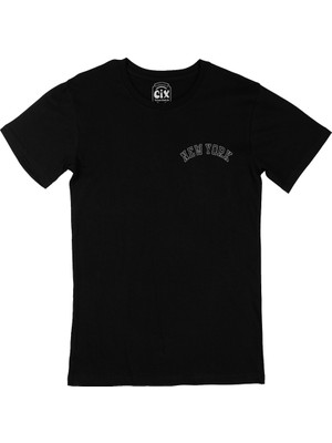 Cix Cix New York Yazılı Cep Logo Tasarımlı Siyah Tişört