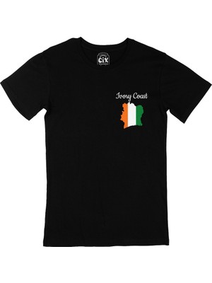 Cix Cix Fildişi Sahilleri Haritalı ve Bayraklı Cep Logo Tasarımlı Siyah Tişört