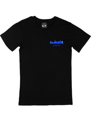 Cix Floransa Baskılı Manzaralı Cep Logo Tasarımlı Siyah Tişört