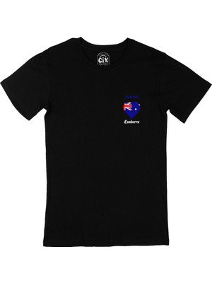 Cix Cix Kanberra Avusturalya Bayraklı Kalpli Cep Logo Tasarımlı Siyah Tişört