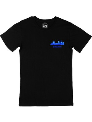 Cix Cix Stockholm Manzaralı Cep Logo Tasarımlı Siyah Tişört