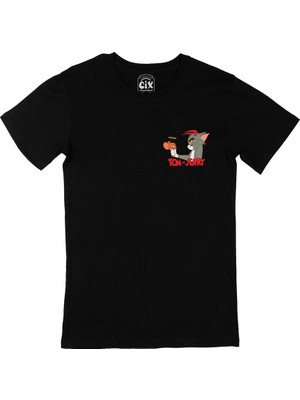 Cix Sevimli Tom ve Jerry Cep Logo Tasarımlı Siyah Tişört
