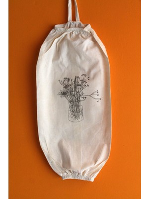 Vazo Çiçek Baskılı Çift Lastikli Naturel Keten Poşetlik - Mutfak Düzenleyici