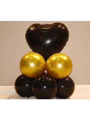 Bal10 Dünyası 10 Adet Gold Siyah Kalp Balon Seti