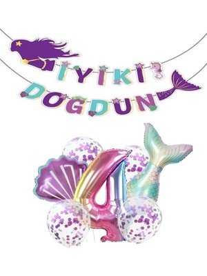 Bal10 Dünyası Deniz Kızı Iyiki Doğdun Folyo Balon Doğum Günü Set 4 Yaş