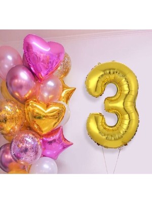 Bal10 Dünyası Pembe Gold Kalp Yıldız Rakam Konsept Balon Seti 3 Yaş