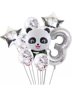Bal10 Dünyası Panda Temalı Gümüş Renk Duğum Günü Parti Seti Yaş 3