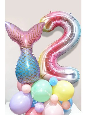 Bal10 Dünyası Deniz Kızı Kuyruğu Karşılama Seti 2 Yaş Rakam Balonlu