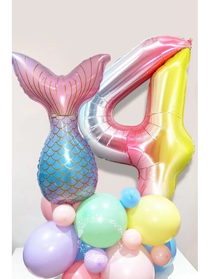 Bal10 Dünyası Deniz Kızı Kuyruğu Karşılama Seti 4 Yaş Rakam Balonlu