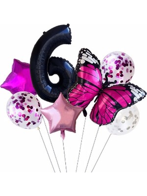 Bal10 Dünyası Pembe Kelebek Balon Set Yıldız Balon Folyo Set Doğum Günü Set Yaş 6