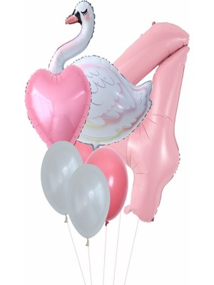 Bal10 Dünyası Kuğu Balon Pembe Rakam Kalpfolyo Balon Set Yaş 1