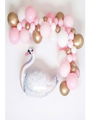 Bal10 Dünyası Kuğu Balon Pembe Beyaz Krom Gold Balon Seti