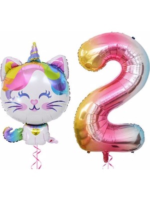 Bal10 Dünyası Unicorn Kedi Balon Gökkuşağı Renkli Sayı Doğum Günü Set Yaş 2
