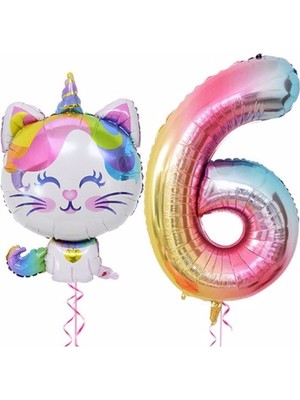 Bal10 Dünyası Unicorn Kedi Balon Gökkuşağı Renkli Sayı Doğum Günü Set Yaş 6