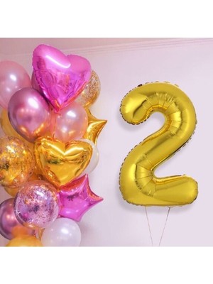 Bal10 Dünyası Pembe Gold Kalp Yıldız Rakam Konsept Balon Seti 2 Yaş