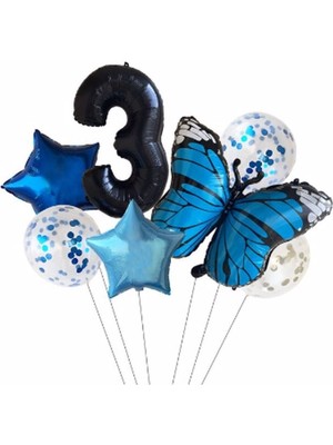 Bal10 Dünyası Mavi Kelebek Balon Set Yıldız Balon Folyo Set Doğum Günü Set Yaş 3