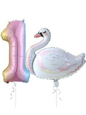 Bal10 Dünyası Kuğu Balon Gökkuşağı Rakam Folyo Balon Set Yaş 1