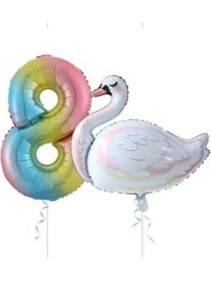 Bal10 Dünyası Kuğu Balon Gökkuşağı Rakam Folyo Balon Set Yaş 8