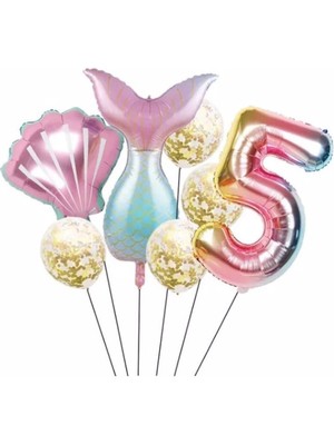 Best Parti Deniz Kızı Kuyruk Folyo Set Konsept Doğum Günü Set 5 Yaş Balon