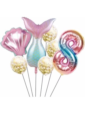 Best Parti Deniz Kızı Kuyruk Folyo Set Konsept Doğum Günü Set 8 Yaş Balon