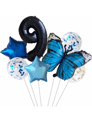 Best Parti Mavi Kelebek Balon Set Yıldız Balon Folyo Set Doğum Günü Set Yaş 9