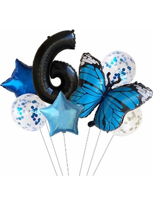 Rönesans Parti Mavi Kelebek Balon Set Yıldız Balon Folyo Set Doğum Günü Set Yaş 6