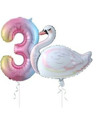 Rönesans Parti Kuğu Balon Gökkuşağı Rakam Folyo Balon Set Yaş 3