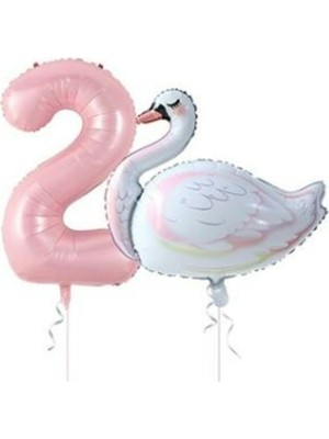 Rönesans Parti Kuğu Balon Pembe Rakam Folyo Balon Set Yaş 2