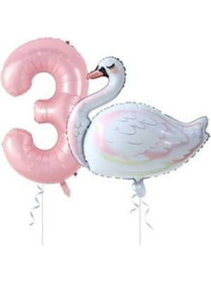 Rönesans Parti Kuğu Balon Pembe Rakam Folyo Balon Set Yaş 3