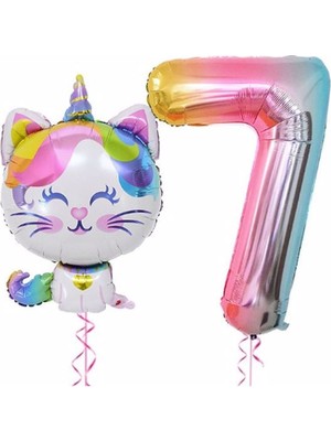 Rönesans Parti Unicorn Kedi Balon Gökkuşağı Renkli Sayı Doğum Günü Set Yaş 7